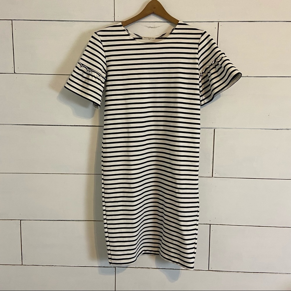 Kingdom & State Black and Whited Striped Dress with Ruffled Short Sleeve. Size S